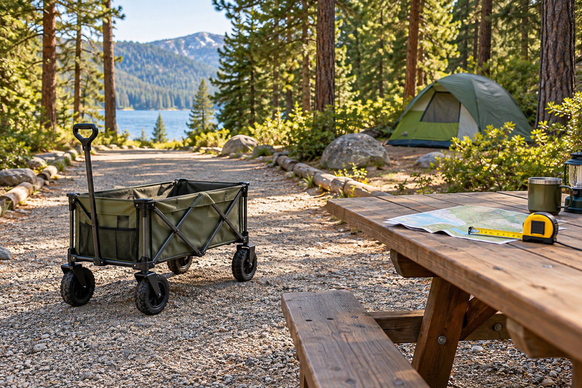 Conceptual green folding gear wagon on a campground path beside a picnic table with a map and measuring tape.