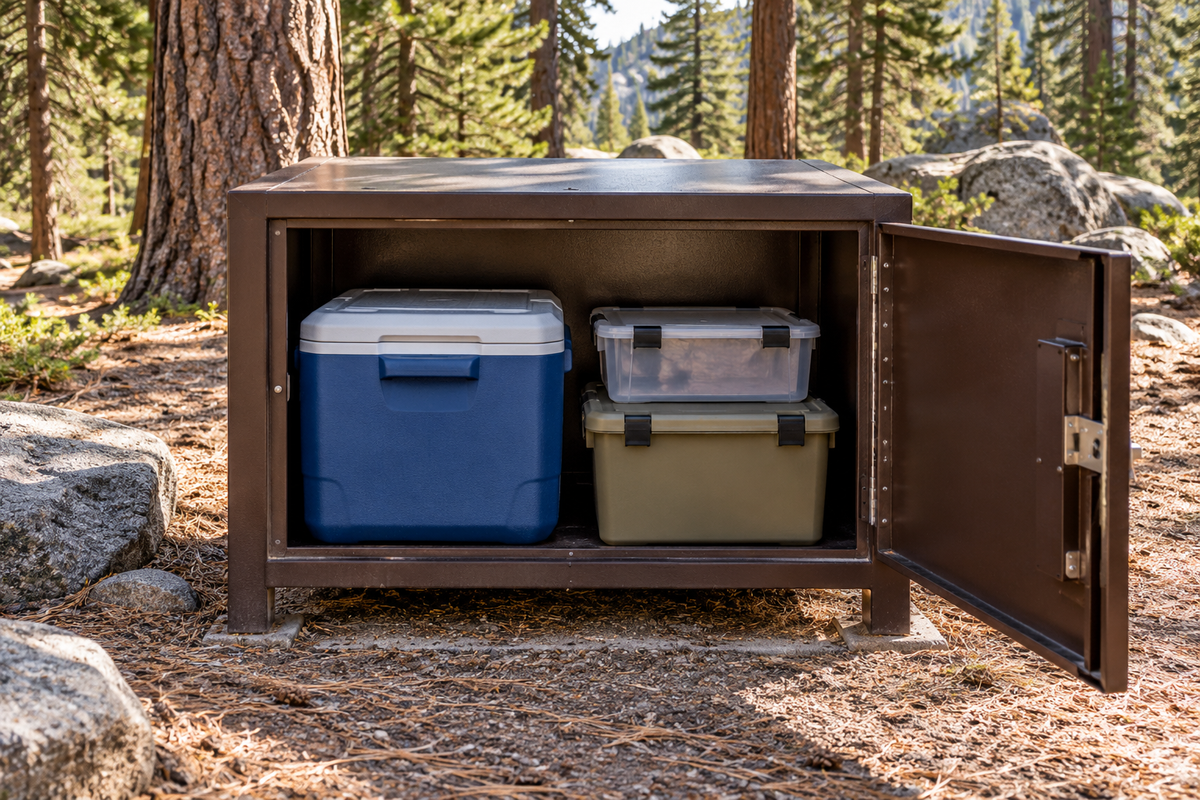 Illustration of a compact cooler and closed containers fitting inside a campground food locker.