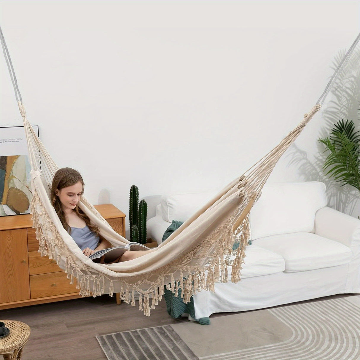 Tassel Hammock, Double Boho Hammocks with Fringe, Portable Camping Indoor Outdoor Garden Hammock Swing with Travel Bag, Max 500lbs Load Capacity for Outdoor, Garden, Patio, Wedding Decor White