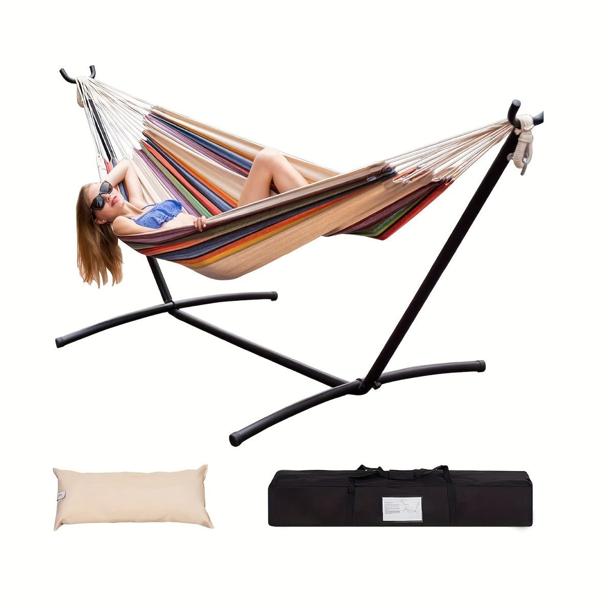Lazy Daze Hammocks Double Hammock with Space Saving Steel Stand Includes Portable Carrying Case and Head Pillow, 450 Pounds Capacity