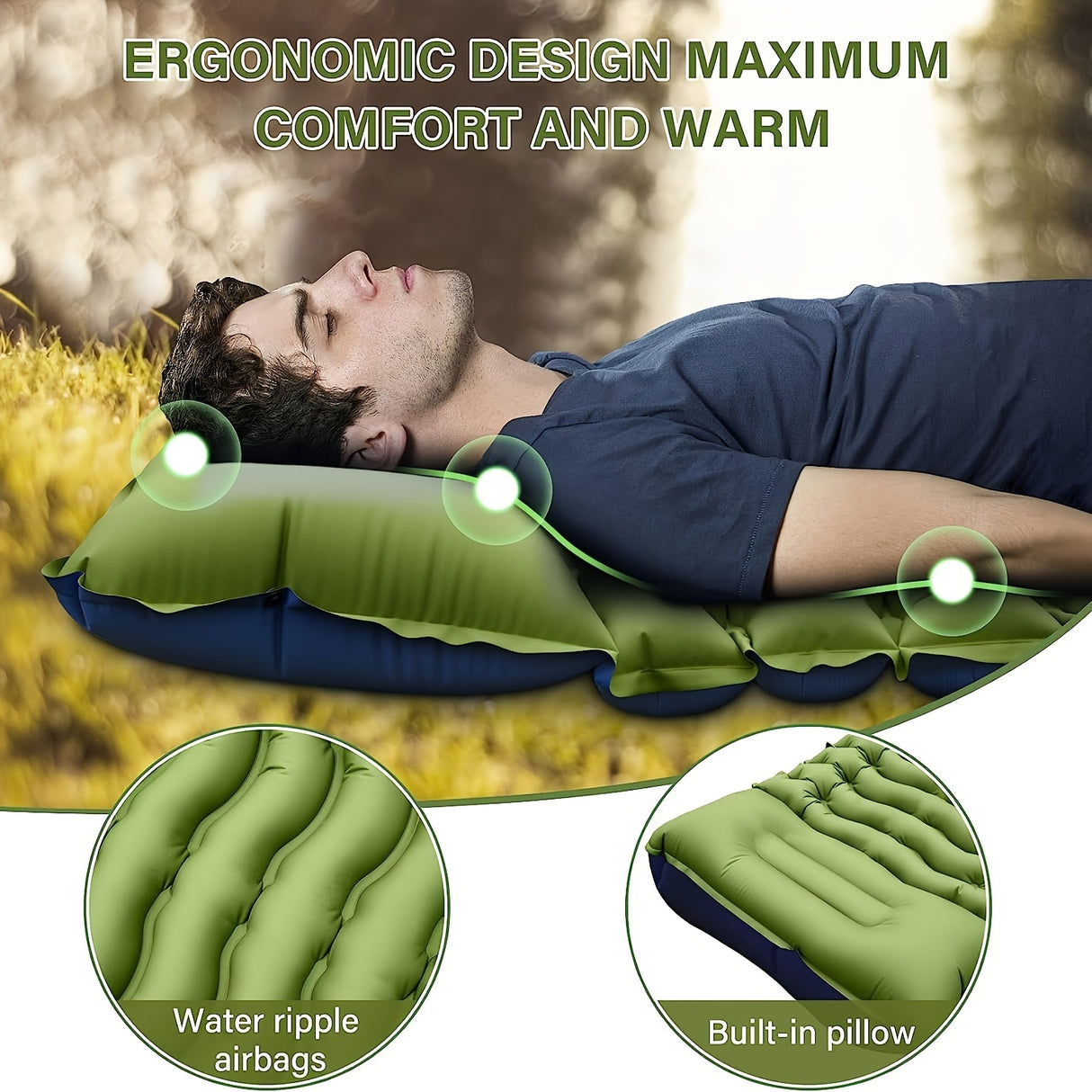 4-Inch Thick Self-Inflating Camping Air Mattress - Ultralight Sleeping Pad with Built-in Foot Pump Pillow for Backpacking, Hiking & Tent Use - Compact, Portable, and Rectangle Single-Person TPU Fabric Design with Stuff Sack I