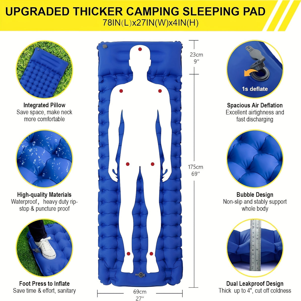 4-Inch Thick Self-Inflating Camping Air Mattress - Ultralight Sleeping Pad with Built-in Foot Pump Pillow for Backpacking, Hiking & Tent Use - Compact, Portable, and Rectangle Single-Person TPU Fabric Design with Stuff Sack I
