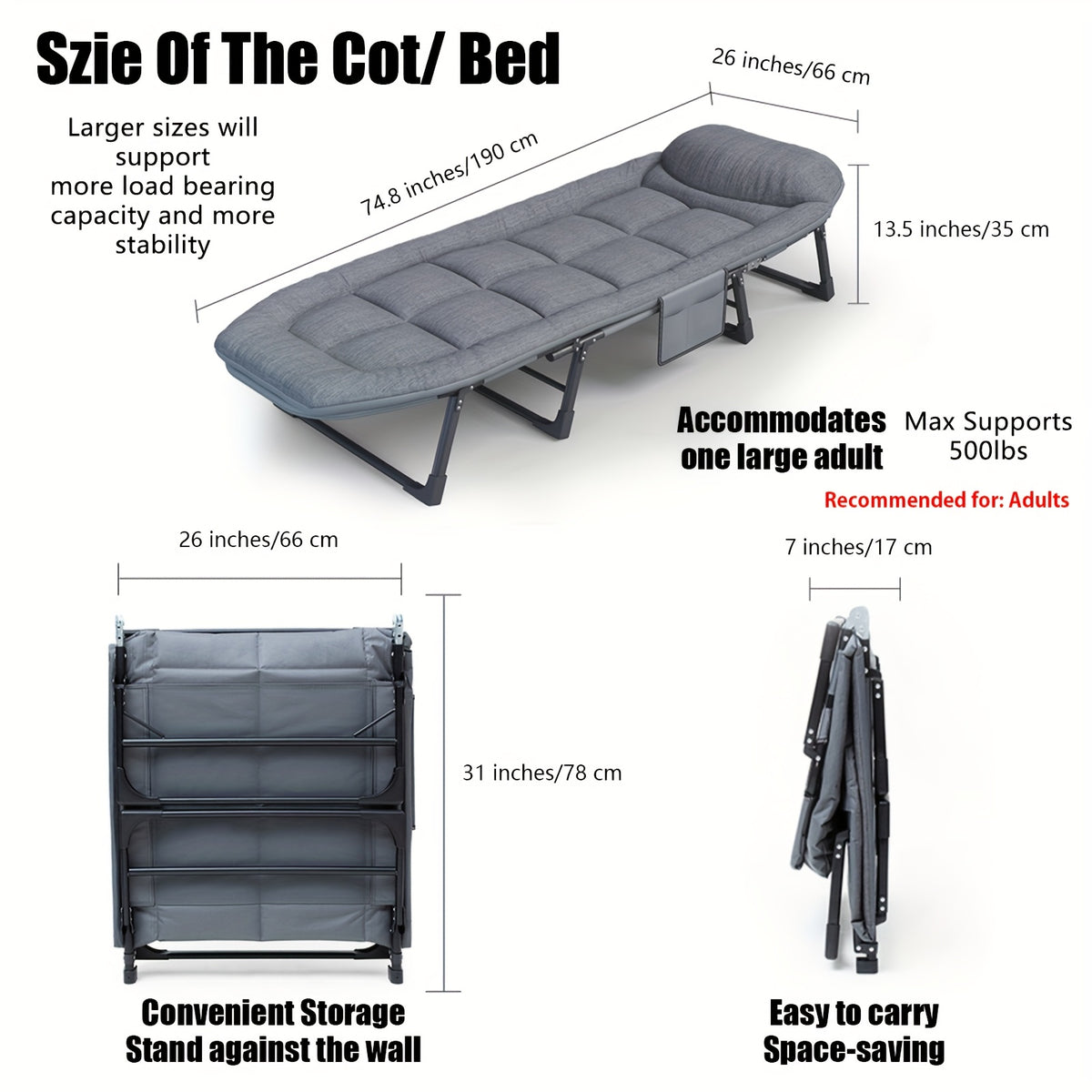 Sleeping Cots/Camping Cots for Adults 6 Adjustable Positions Portable Foldable Folding Cot with Pillow Heavy Duty Strong Frame Cot Bed for Camp, Travel, Room, Office