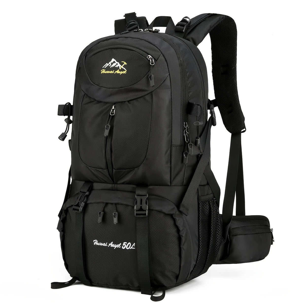 Universal Climbing Backpack, Lightweight Travel, Multifunctional, Hiking, Alphabet Pattern, Hard Shell, Black, with Zipper Closure, Hip Adjustment, Nylon Fabric, Utility Pocket, Cord Embellishment, Wipe with Damp Cloth, for L
