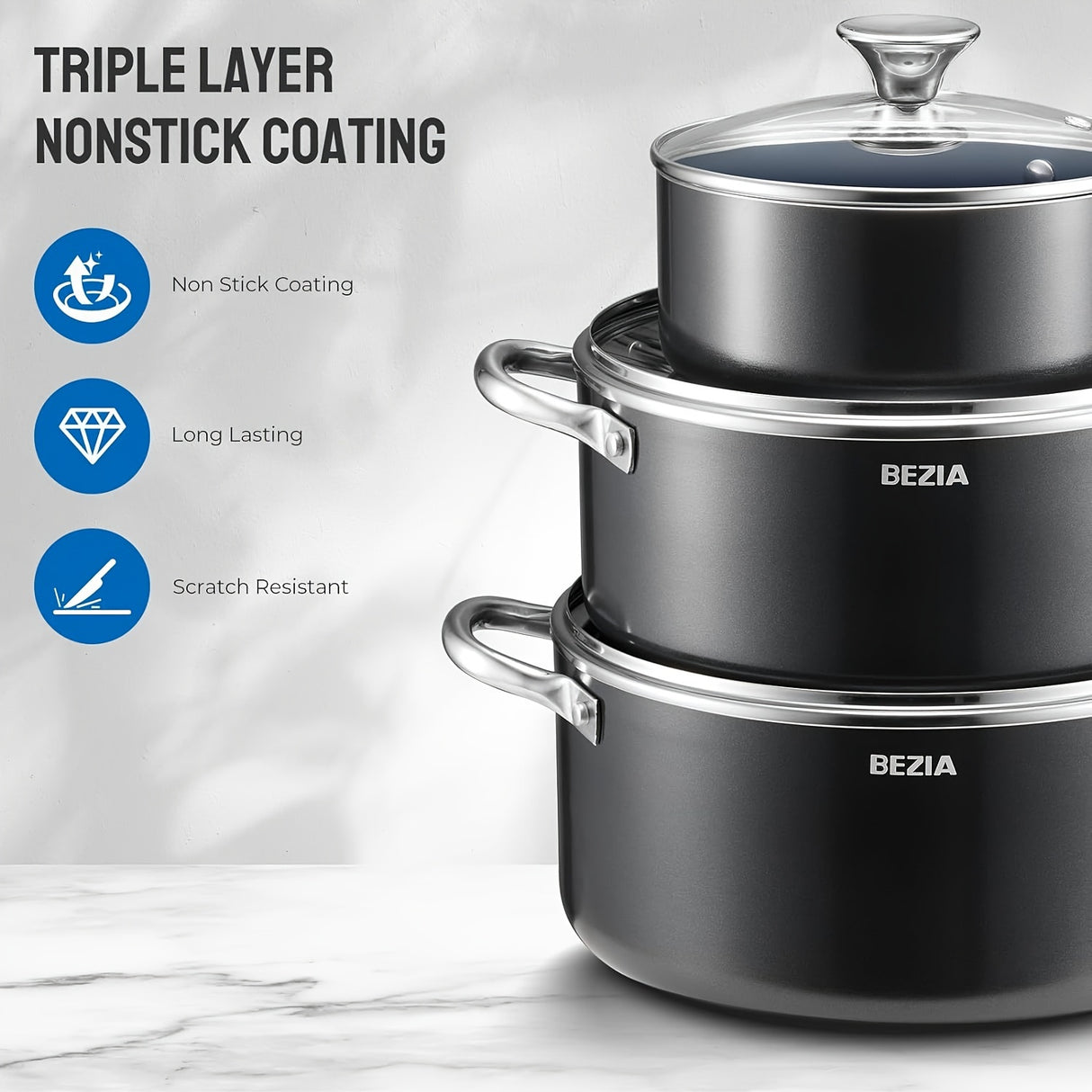 6pcs Induction Cookware, Pots and Pans Set with Non-Stick Ceramic Coating, Dishwasher Safe & Oven Safe, Compatible with All Stoves, Black
