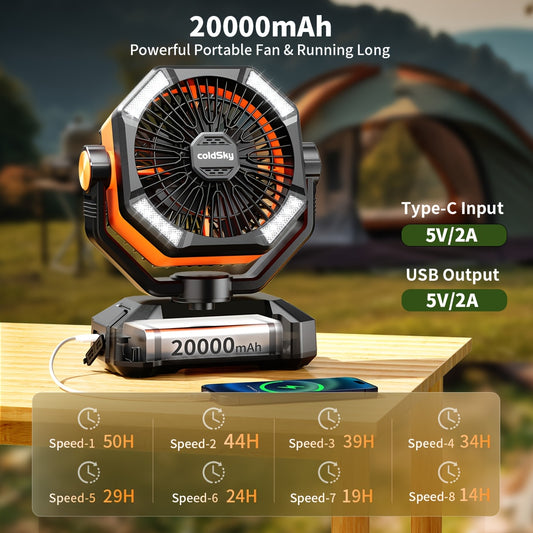 20000mAh Camping Fan with LED Lanterns – Dual Motor, 8-Speed Remote