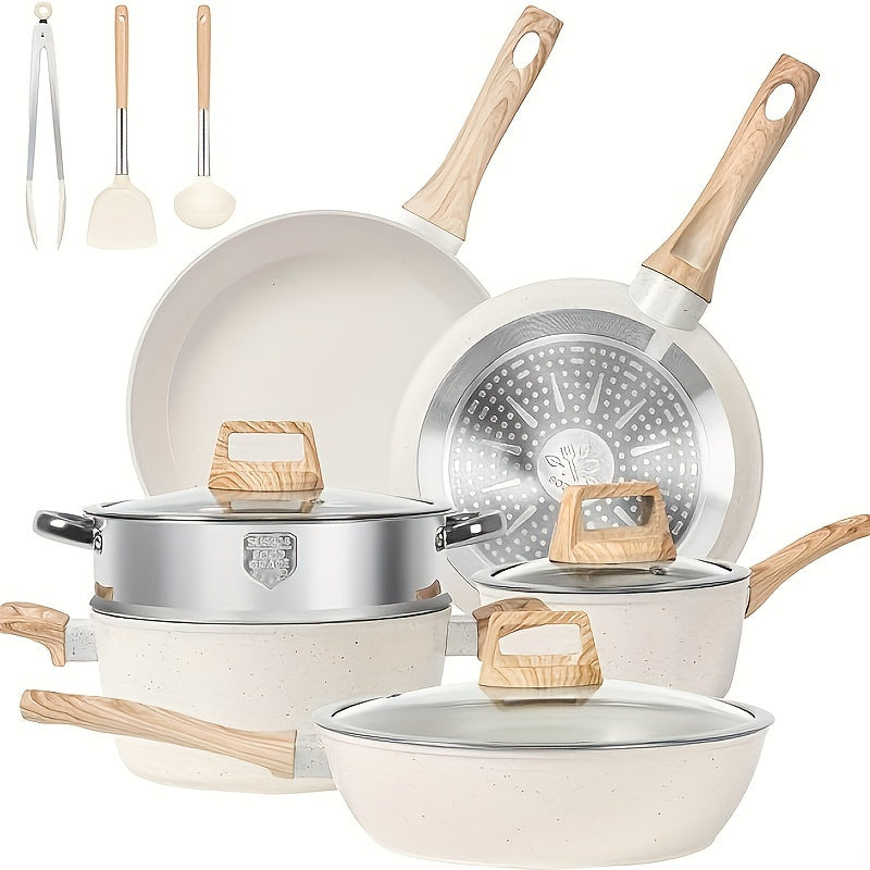 Pots and Pans Set Non Stick, 12 Pcs Kitchen Cookware Sets Induction Cookware Granite Cooking Set with Frying Pans, Saucepans, Steamer Silicone Shovel Spoon & Tongs White