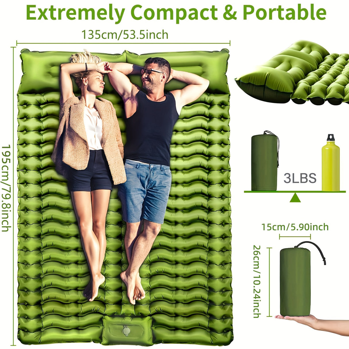 2 Person Ultralight Inflating Double Sleeping Pad For Camping With Pillow, Waterproof Camping Mattress, Foot Pump, Backpacking Hiking Tent Car Outdoor