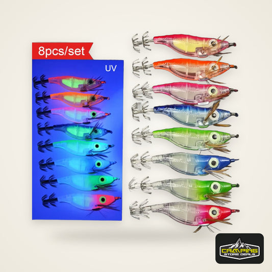 8pcs/set Luminous Squid Jigs 10cm Horizontal Egi Set Wood Shrimp Lures Octopus Cuttlefish Fishing Bait Glow Saltwater Tackle Kit