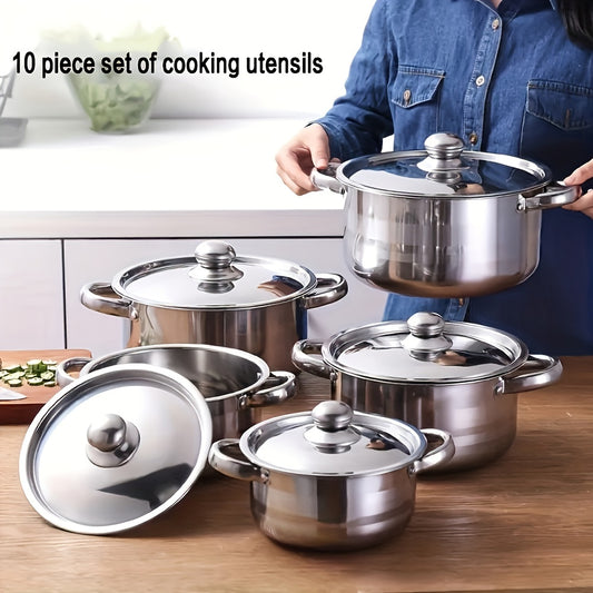 Deluxe10-Piece Stainless Steel Cookware Set - 5 Sizes with Lids, Durable & Versatile (6.3 - 7 - 7.9 - 8.6 - 9.4in)