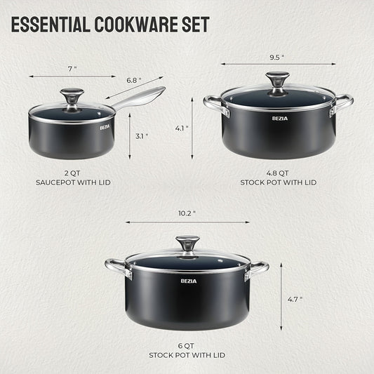 6pcs Induction Cookware, Pots and Pans Set with Non-Stick Ceramic Coating, Dishwasher Safe & Oven Safe, Compatible with All Stoves, Black