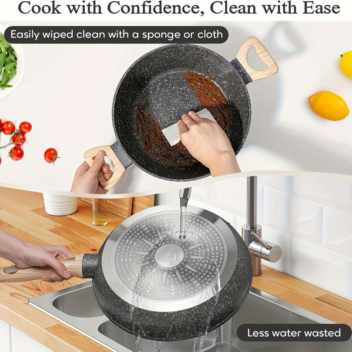 12 POTS and pans Set Non-stick Cookware Set, Cookware non-stick Granite cooking Set, including frying pan, pan, steamer, silicone spatula and tongs (black)