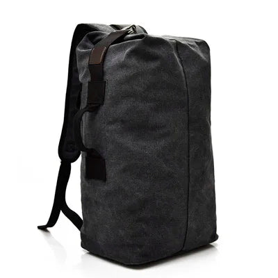 Black canvas camping backpack shoulder straps view