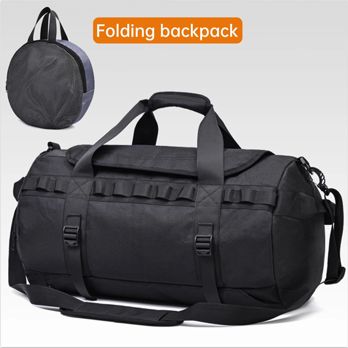 Portable folding backpack shown packed into compact round pouch