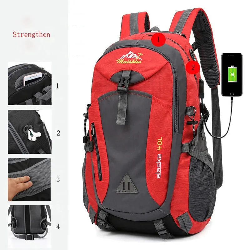 Red waterproof hiking backpack with USB charging port and reinforced straps