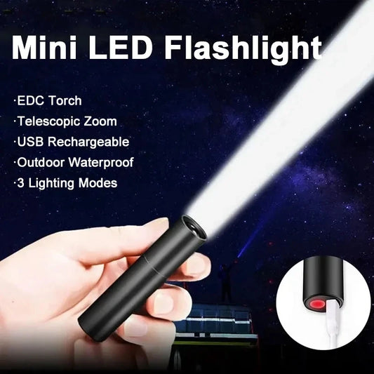 Mini Telescopic Zoom Flashlight – 3 Modes, USB, Waterproof