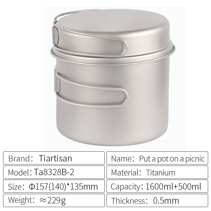 Tiartisan Titanium Folding Handle Camping Pot Frying Pan Set Lightweight Portable Cookware Equipment For Outdoor Hiking Picnic