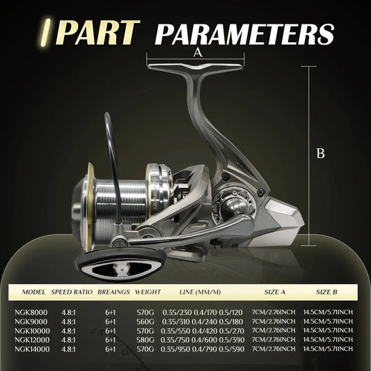 NGK Stainless Steel Bearing Spinning Fishing Reel 8000 9000 10000 12000 14000 25KG Powerful Reel Saltwater Fresh Water Drag