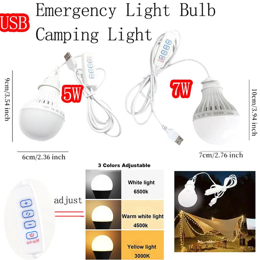 5V USB LED Camping Bulb – 5W/7W, 3-Color Dimmable