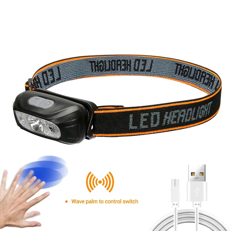 6 Modes Motion Sensor XPE+COB LED Headlamp Flashlight USB Rechargeable Waterproof Camping Head Lamp Running Fishing Headlight