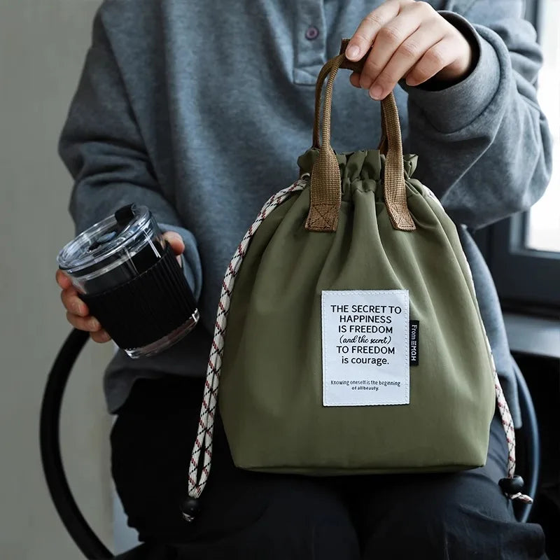 Large Capacity Waterproof Lunch Bag with Drawstring Closure Thick Insulation Cooler Bento Bag for Picnic Work Student Handle Bag