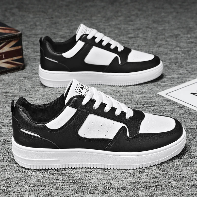 Men’s Thick-Soled Leather Sneakers – Trendy Street Casual Shoes with Fashion Board Style (Black & White)