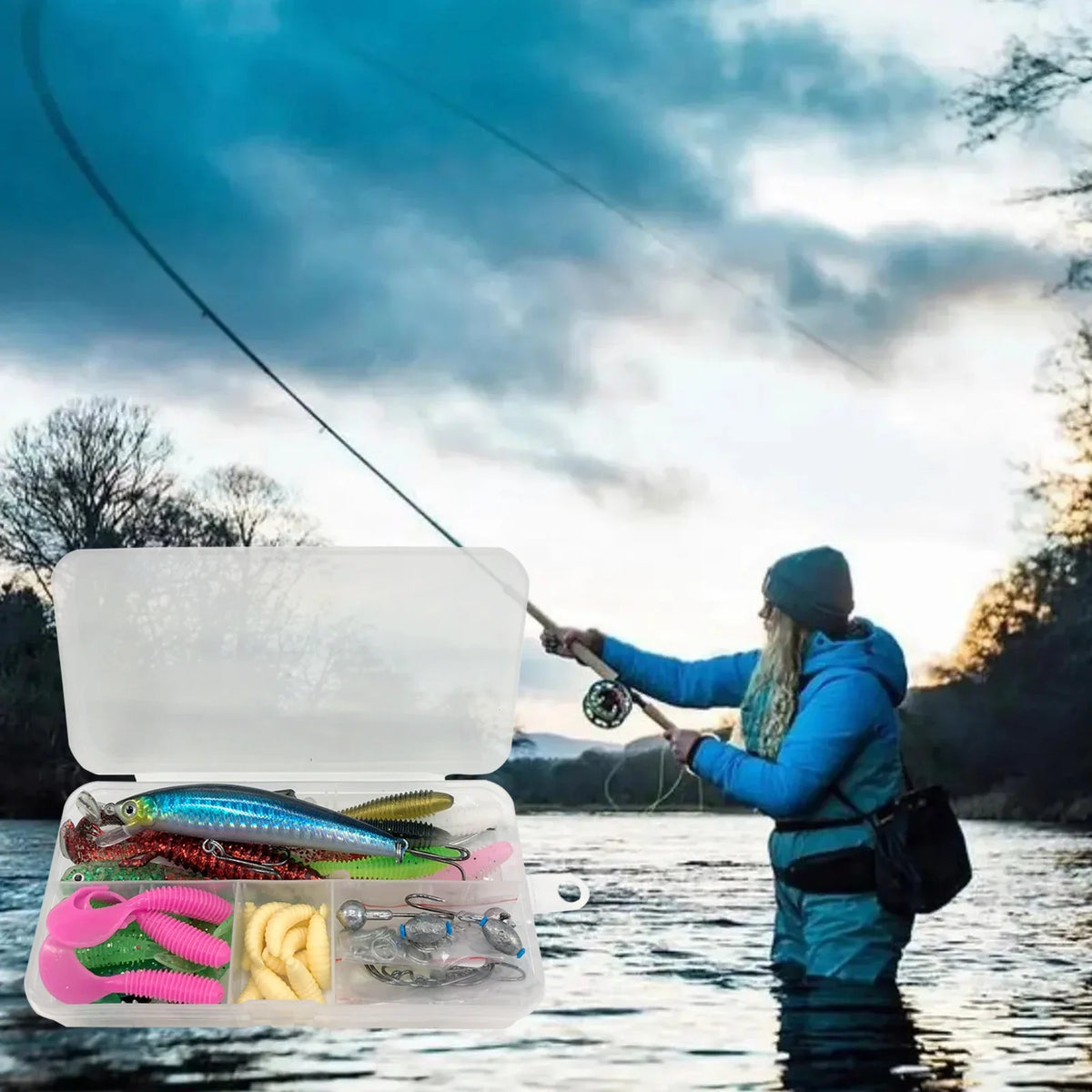 84/107pcs Fishing Lure Kit Soft and Hard Bait Set Gear Layer Metal Jig Spoon For Bass Pike Crank Tackle Accessories with Box