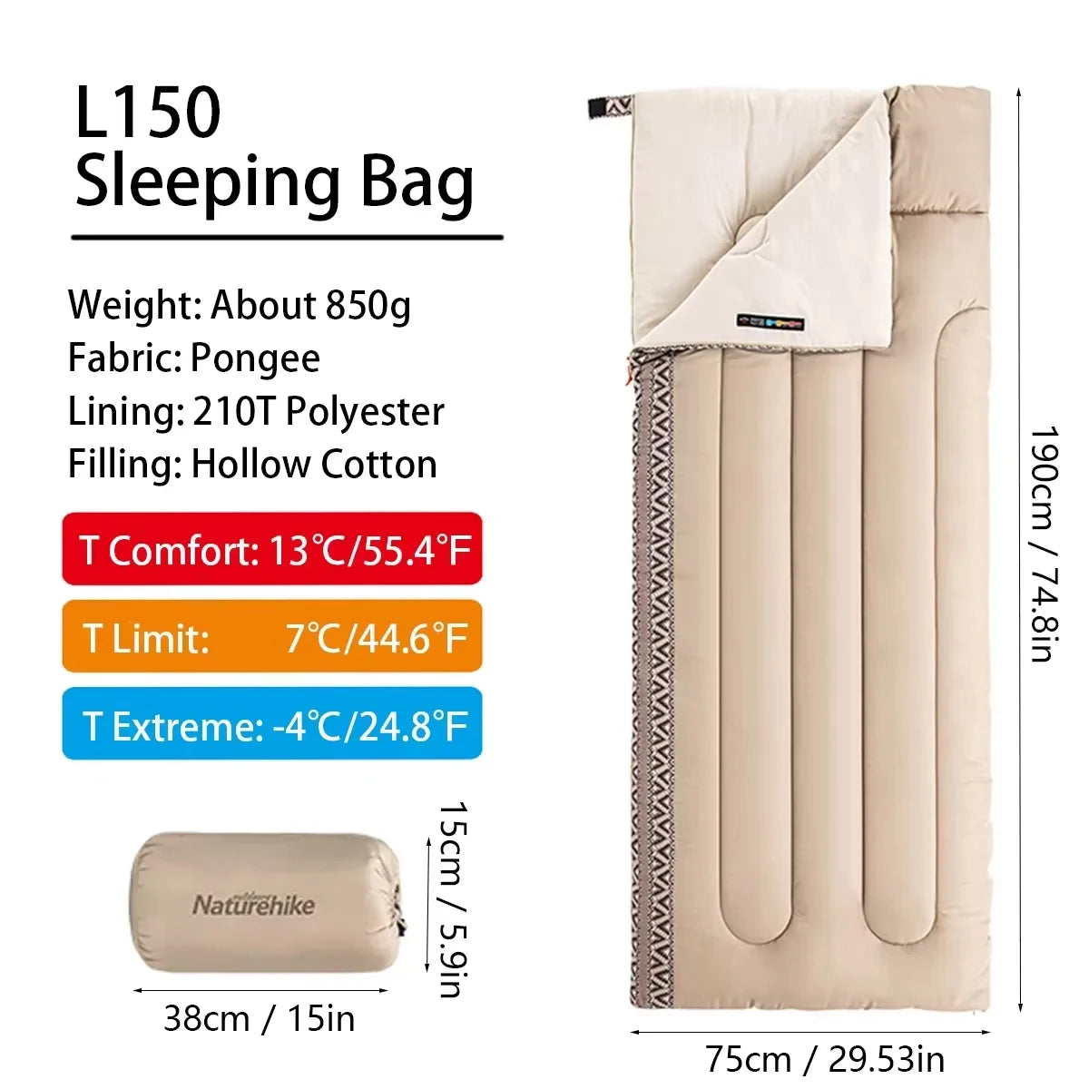 Naturehike L150 Sleeping Bag for Adults 3 Season Ultraligt Outdoor Camping Sleeping Bag Travel Warm Envelope Sleeping Bag