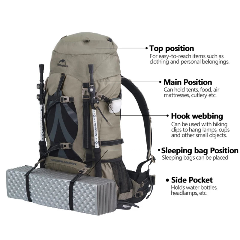Naturehike Mountain Bag 70L Men's backpacks Waterproof Backpack Outdoor Hiking Climbing Big Capacity Travel Bags Shoulder Bags