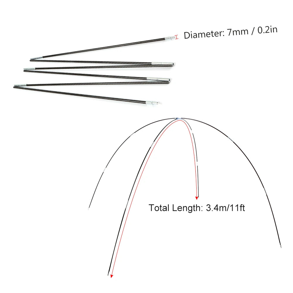 3.26m/3.4m/3.9m Camping Tent Rod 1 Pair 12 Pcs Glass Fiber Tent Arc Poles Replacement for Outdoor Equipment Accessories