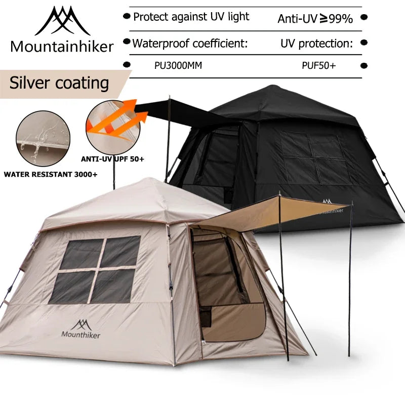 Mountainhiker Automatic Tent 3-4 Persons 2 Doors 2 Windows Sleeping Tent Outdoor Tent Hiking and Camping Tent Black Khaki