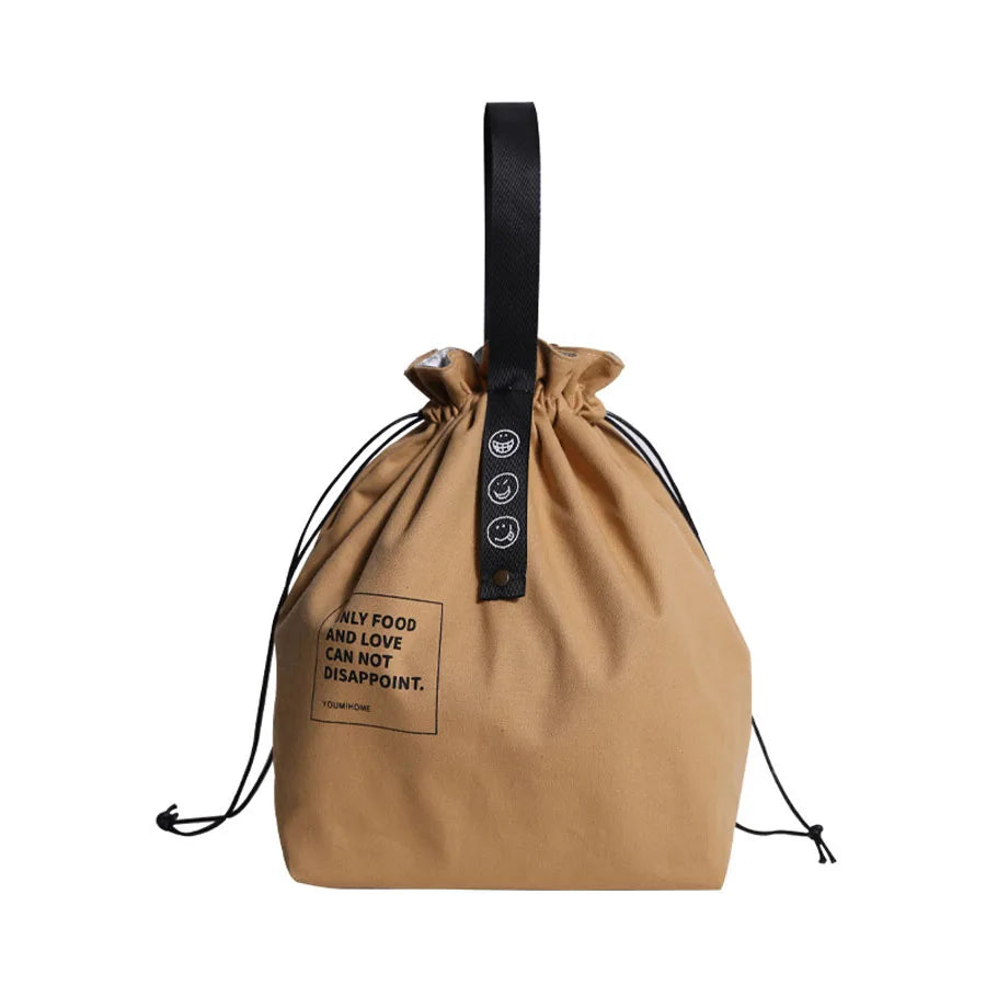 Canvas Folding Lunch Bag Portable Insulated Drawstring Closure Bento Cooler Tote For Work School Picnic Camping