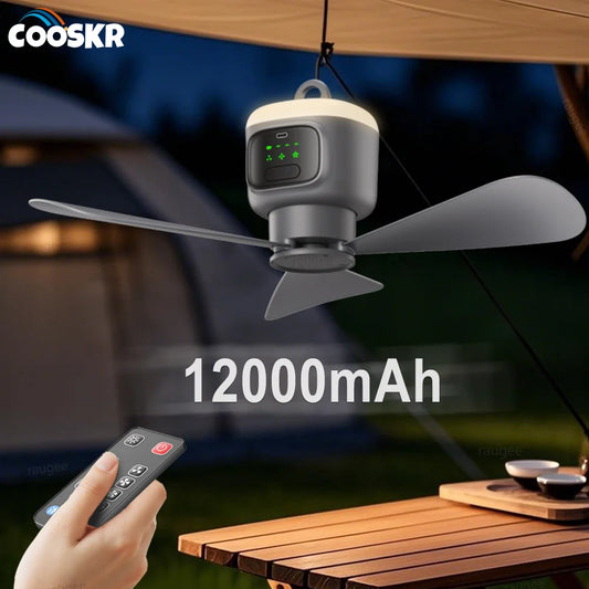 12000mAh Portable Ceiling Fans Outdoor Camping Fan Tent Air Circulator Cooler Rechargeable Electric Fan Remote Control LED Light