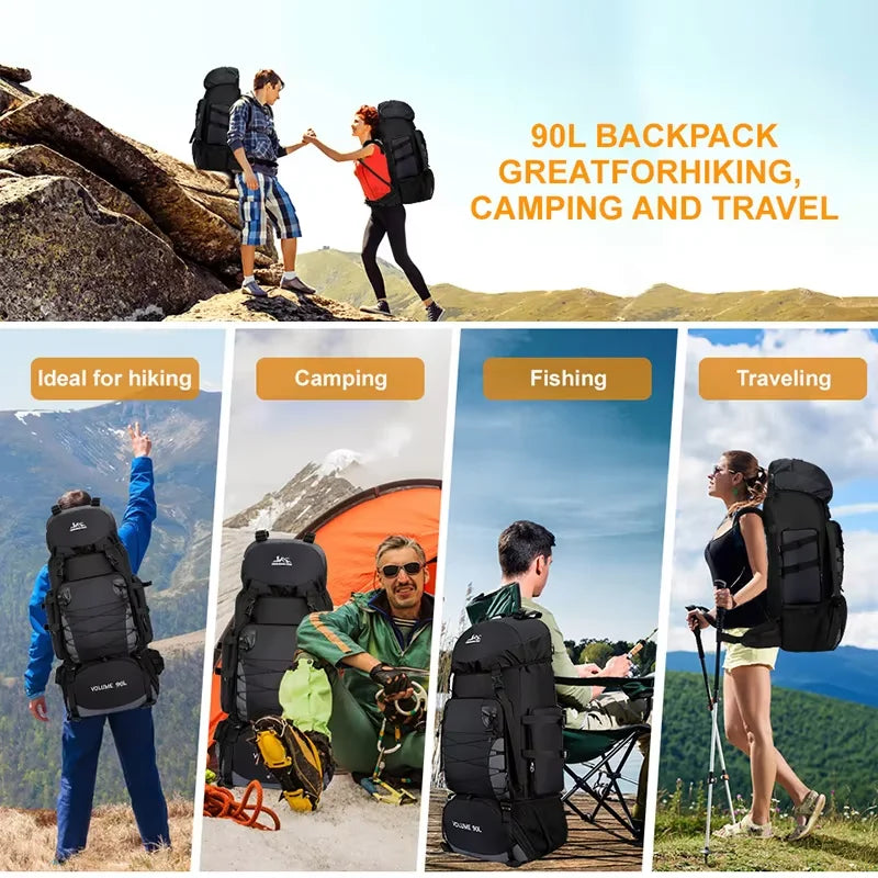 90 liters waterproof hiking camping mountaineering backpack, large capacity outdoor travel bag, backpacking sports equipment