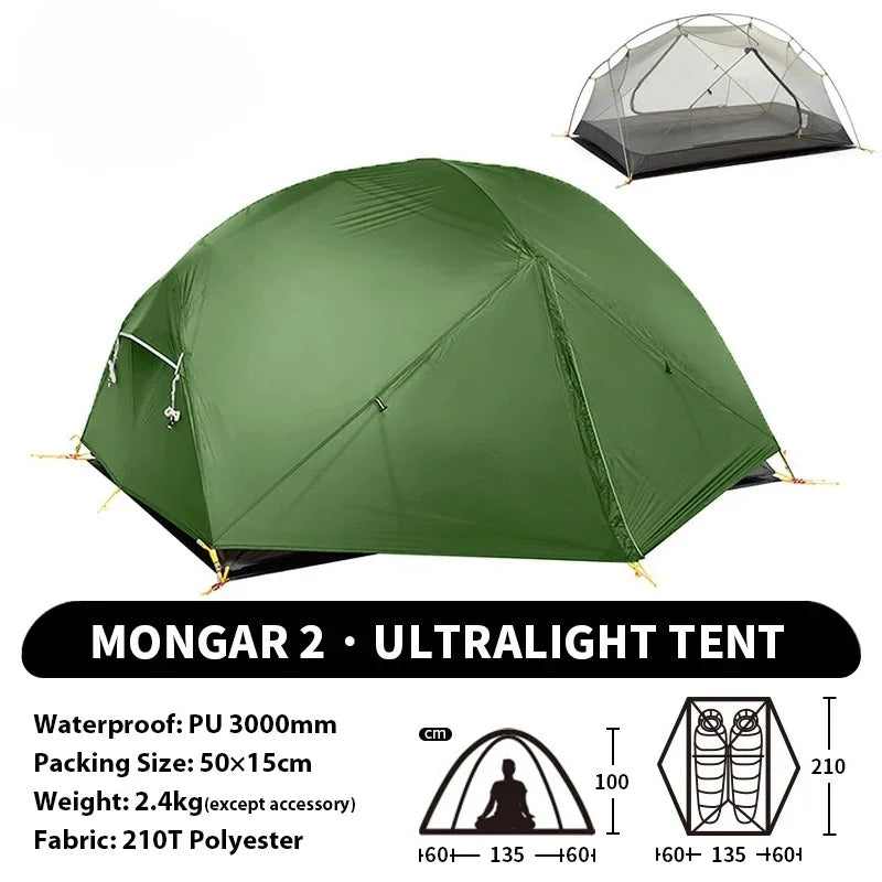 2 - Person Ultralight Backpacking Tent: Mongar UL 2 with 20D Waterproof Fabric,Ideal for Hiking,Survival,and Camping Adventures