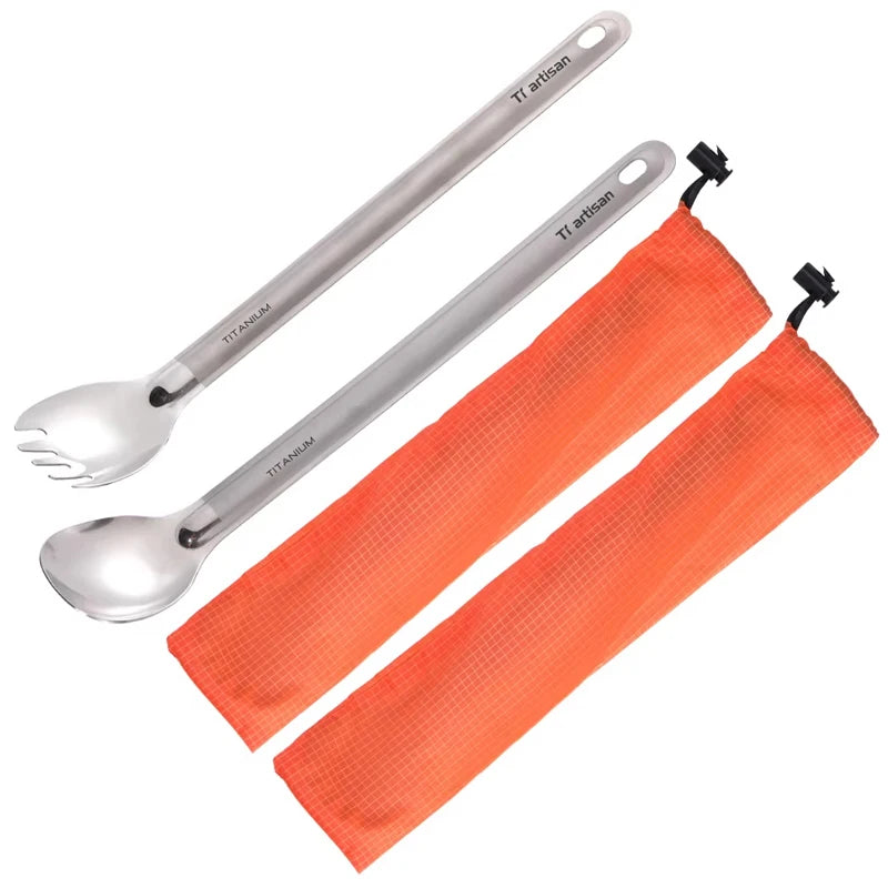 Tiartisan Pure Titanium Cutlery Ultralight Long Handle Spoon Spork Outdoor Camping Portable 2pcs Tableware Set With Storage Bag