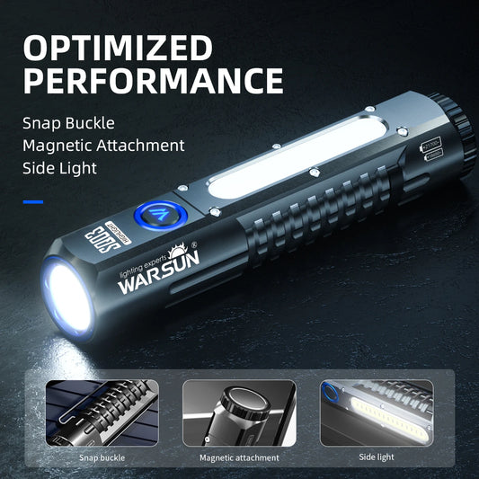 WARSUN Outdoor 2000 Lm Emergency Small Portable Tactical Type C Rechargeable Torch COB LED Flashlight with Magnet