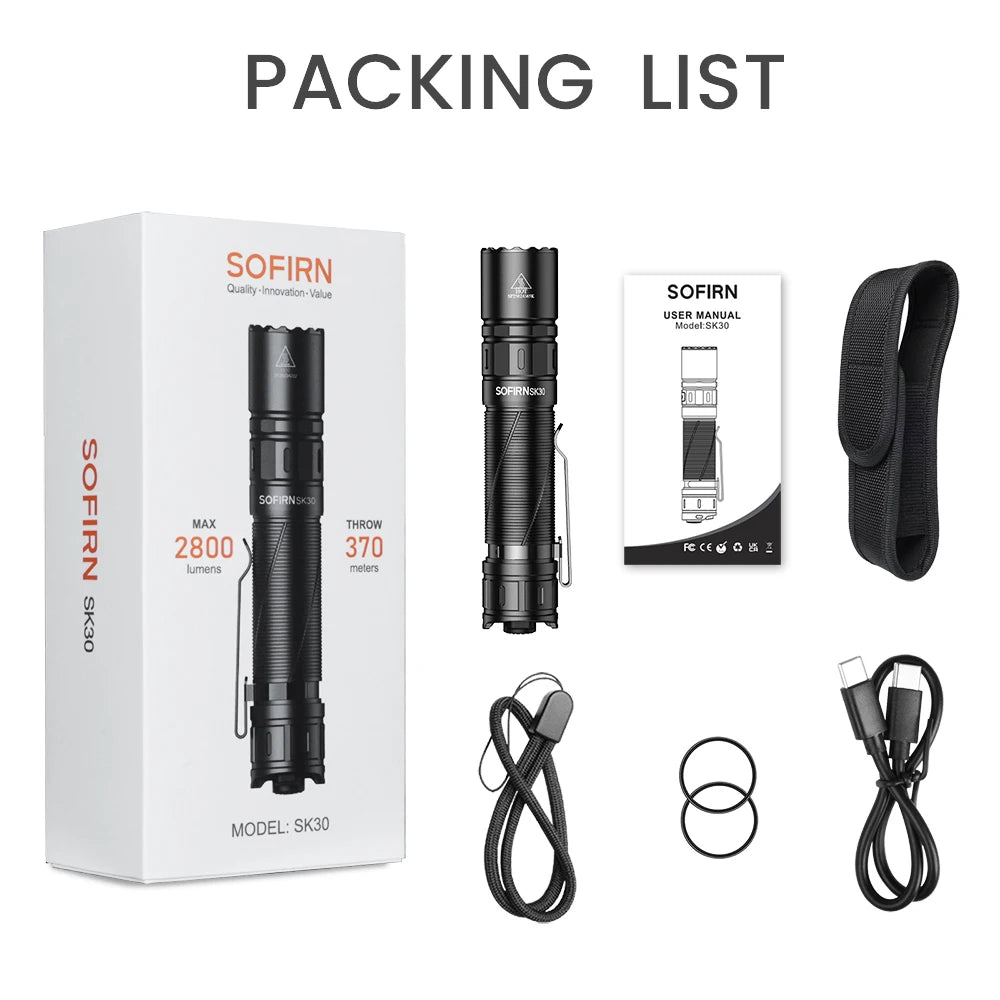 Sofirn SK30 Tactical Flashlight – 3000lm, 21700, USB-C