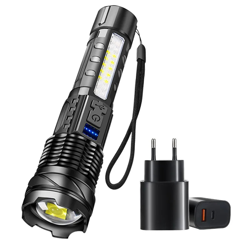 LED Flashlight Rechargeable Torch High Power Strong Light Flashlight Long Range Tactical Zoom Lamp Outdoor Camping Lantern
