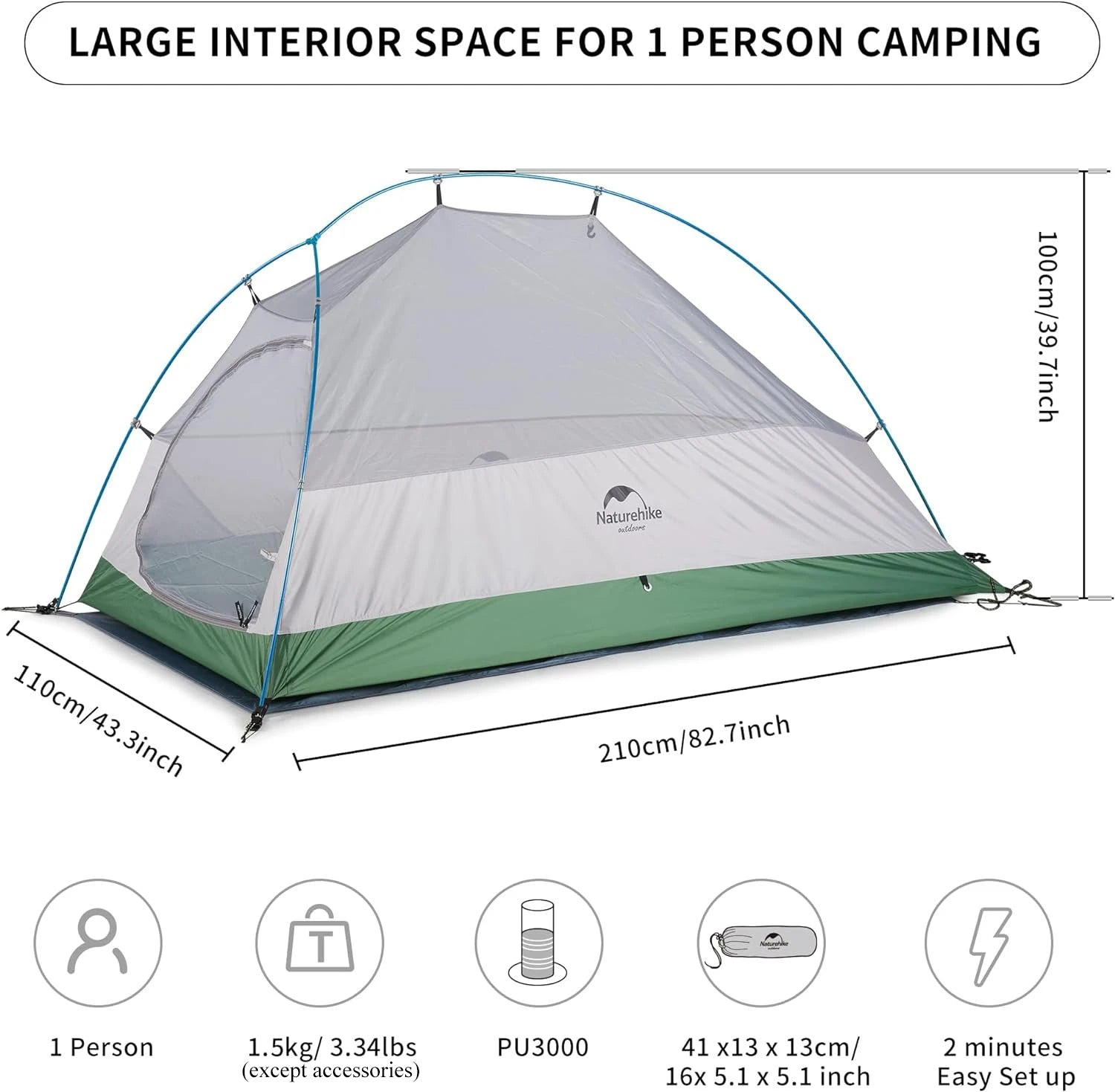 Naturehike Cloud Up Camping Tent Waterproof Easy Build Beach Tent Outdoor 1 Person Portable Large Space Hiking Backpacking Tents