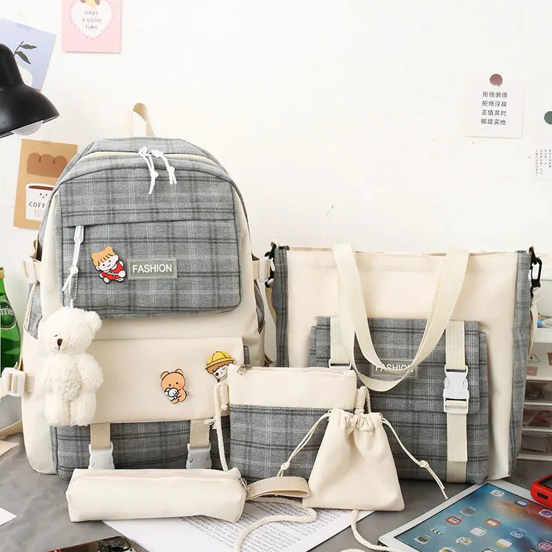 Women Backpack Single Shoulder Bag Pencil Case Five Piece Set Student Cute Plaid College Style High Capacity Buckle Outer Bag