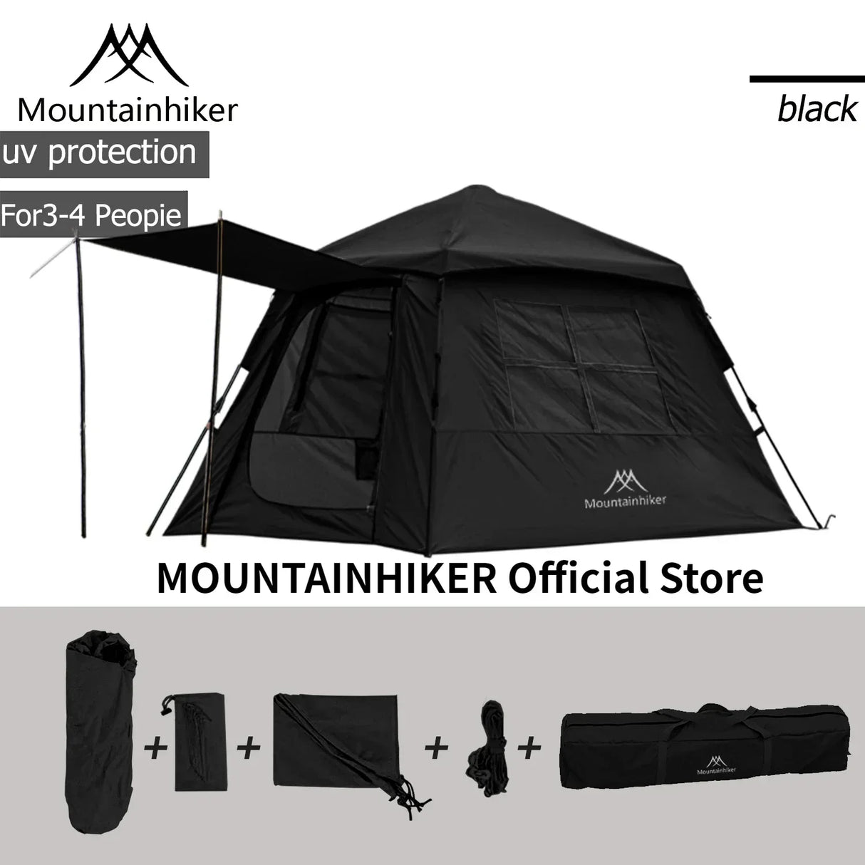 Mountainhiker Automatic Tent 3-4 Persons 2 Doors 2 Windows Sleeping Tent Outdoor Tent Hiking and Camping Tent Black Khaki