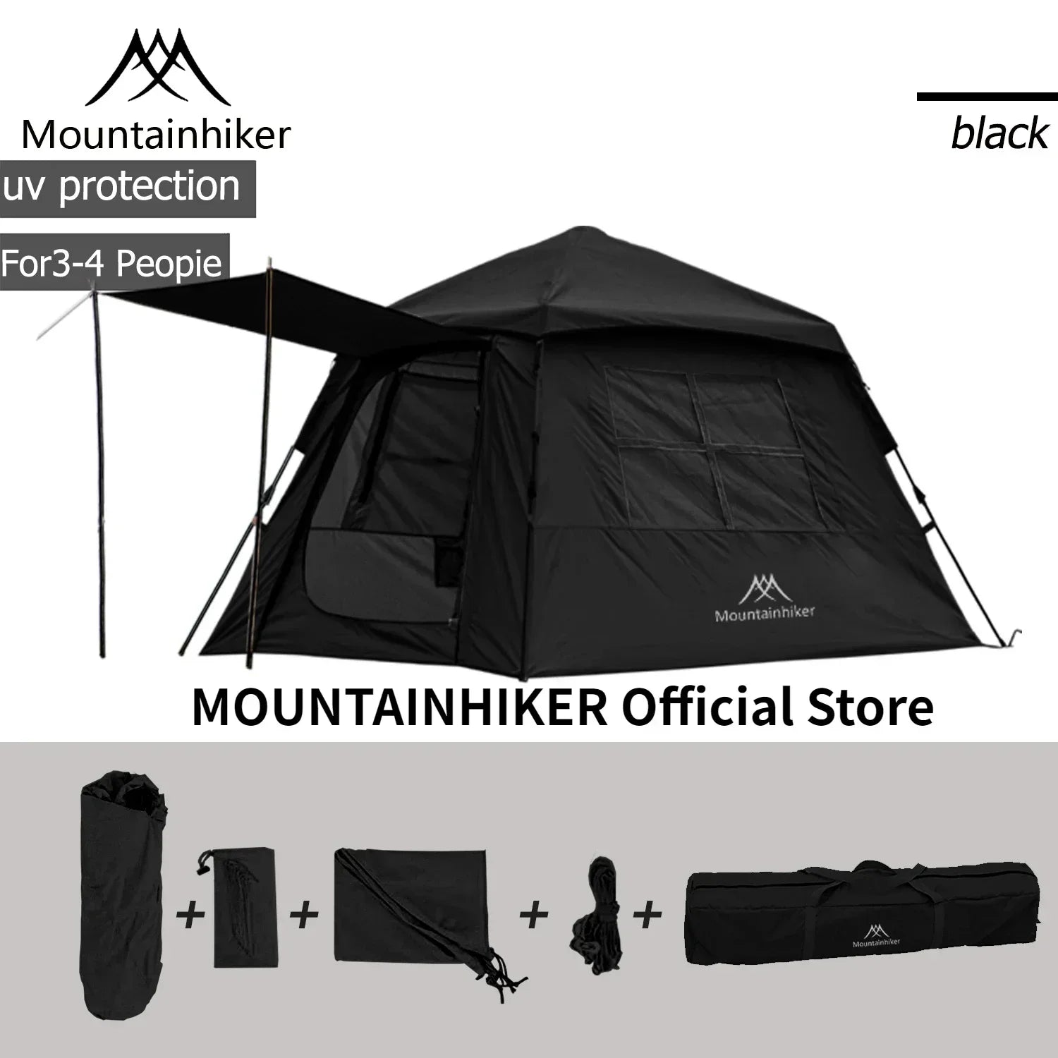 Mountainhiker Automatic Tent 3-4 Persons 2 Doors 2 Windows Sleeping Tent Outdoor Tent Hiking and Camping Tent Black Khaki