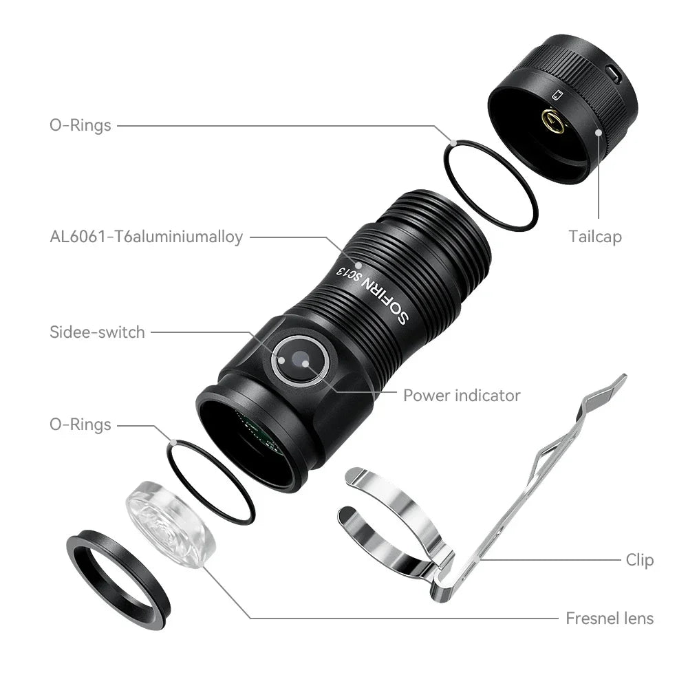 Sofirn Mini SC13 SST40 LED 1300lm Tactical 18350 Rechargeable Flashlight 6000K Keychain Light with Magnetic