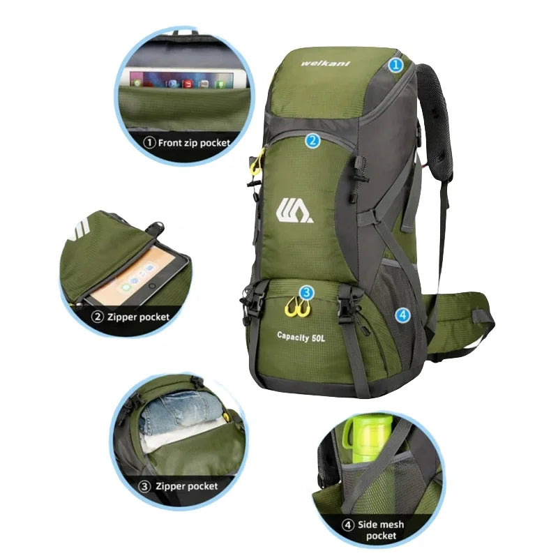 50L Travel Backpack Camping Hiking Rucksack Waterproof Outdoor Climbing Mountaineering Trekking Bag for Men Women Luggage