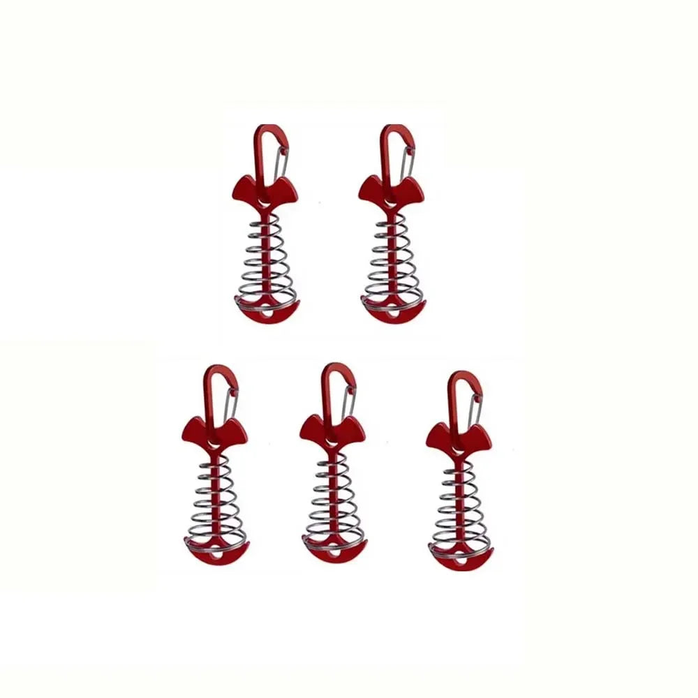 5pcs Fish Bone Shaped Tent Pegs with Rope Buckles Camping Deck Floor Nails Spring Design Outdoor Adventure Essential Accessories