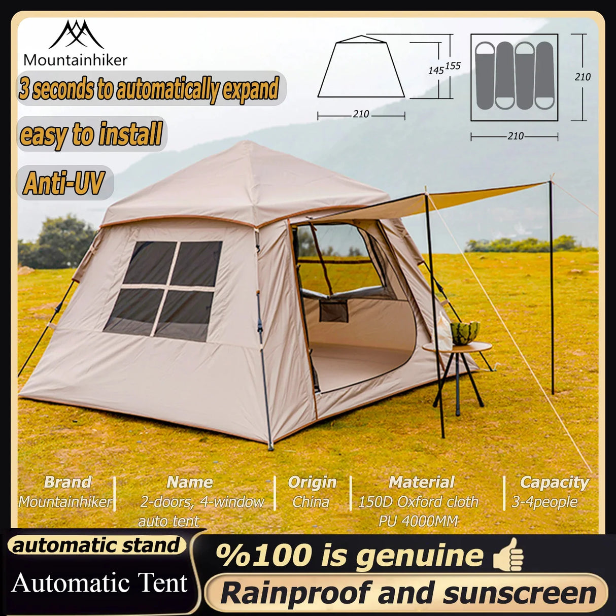 Mountainhiker Automatic Tent 3-4 Persons 2 Doors 2 Windows Sleeping Tent Outdoor Tent Hiking and Camping Tent Black Khaki