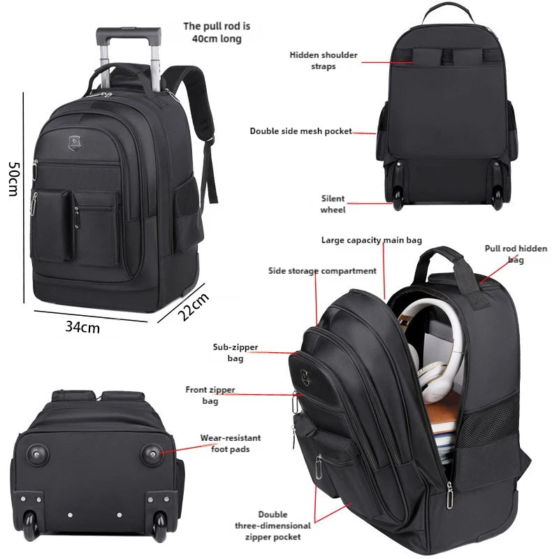 Large Capacity Travel Backpack With Wheels Hidden Pull Rod Waterproof Carry On Luggage Weekend Travel Bag For Men Business Trip