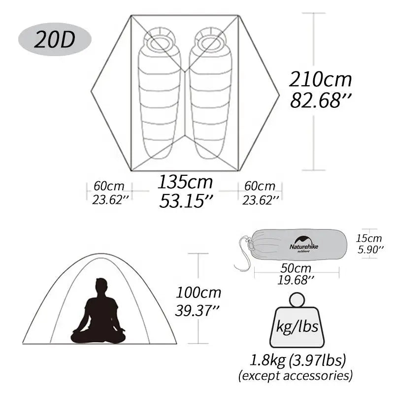 Naturehike Mongar 20D Nylon outdoor ultralight hiking adventure tent Waterproof Folding Camping 2 man camper tent