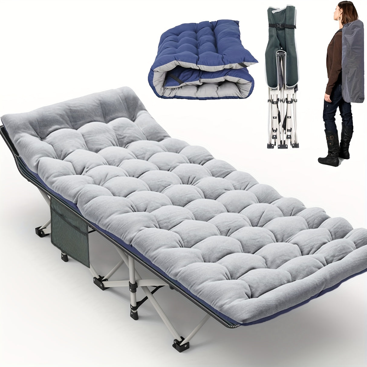 1pc Folding Bed, Camping Cots With Double-Sided Mattress, Portable Foldable Guest Bed, Heavy Duty Sleeping Bed Cot With Carry Bag, Gray&Blue
